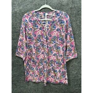 Lulu-B 3/4 Sleeve Henley Tunic Top Womens Large Pink Blue Seahorse V-Neck Beachy